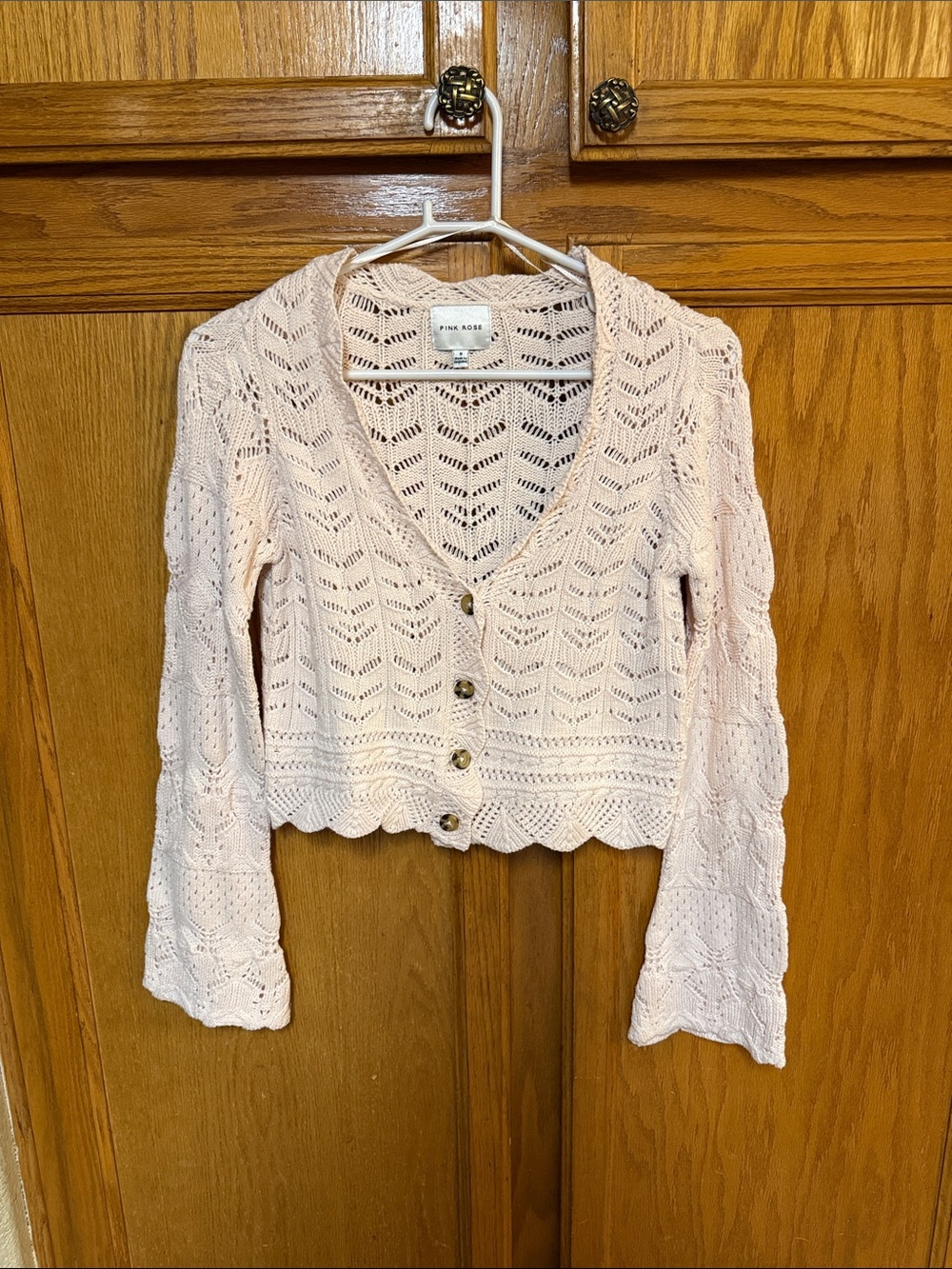 Pink Rose Blush Crochet V-Neck Cropped Cardigan